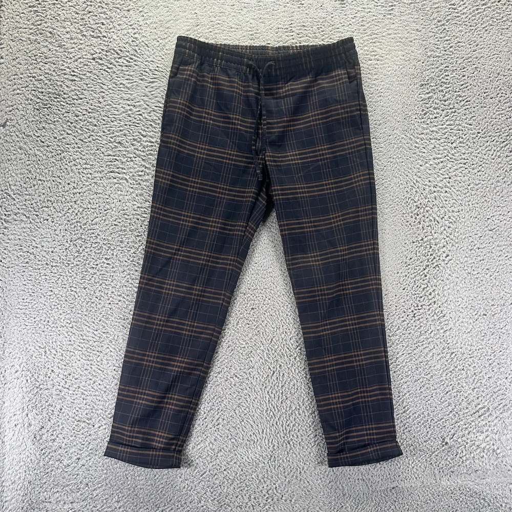H&M Pant Men's S Blue Plaid Polyester Khakis Tapered Slim Fit Preppy Stretch